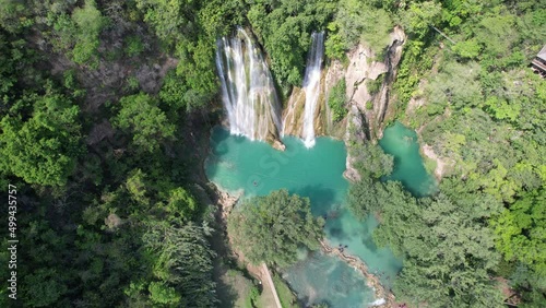 The fantastic aerials of Minas Viejas Waterfalls in San Luis Potosi, Huasteca Potosina, México. One of the most beautiful waterfalls in Mexico photo