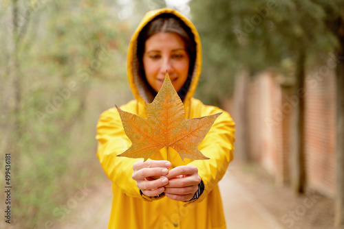 Selective focus of front close-up of unrecognizable woman holding a maple tree leaf. Horizontal cropped view of woman with autumn leaf in yellow raincoat outdoors. Nature and people backgrounds.