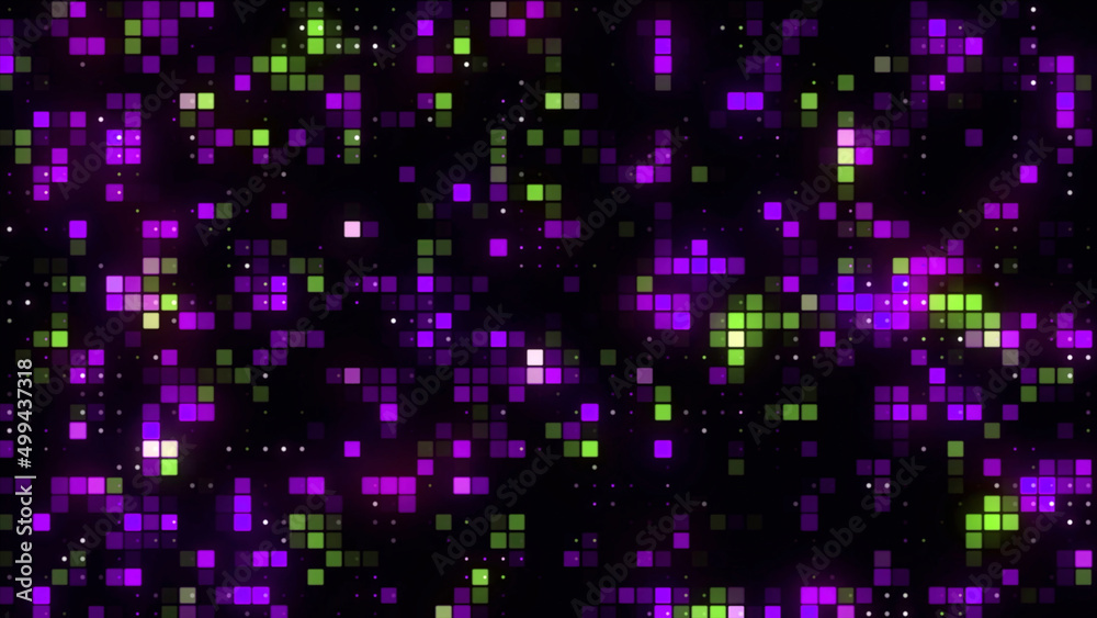 Abstract bright pixelated mosaic pattern. Motion. Abstract background with squares flowing and blinking, seamless loop.