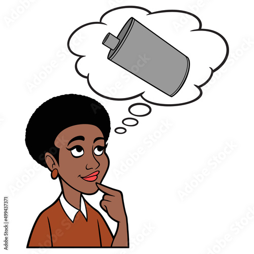 Black Woman thinking about a Car Muffler - A cartoon illustration of a Black Woman thinking about a new Car Muffler.