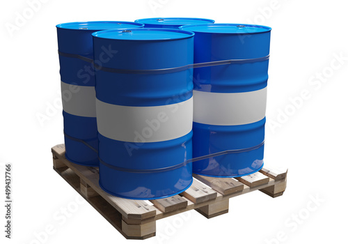 Barrels oil. Blue barrels isolated on white. Metal canisters casks for fuel. Barrels oil are ready for transportation. Three-dimensional casks for crude oil. Chemical products. 3d rendering.