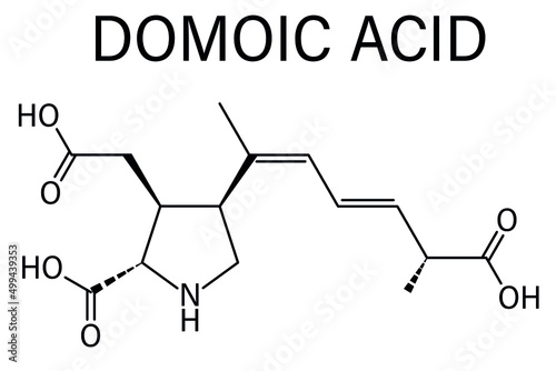 Domoic acid algae poison molecule, skeletal chemical formula. Responsible for amnesic shellfish poisoning (ASP).