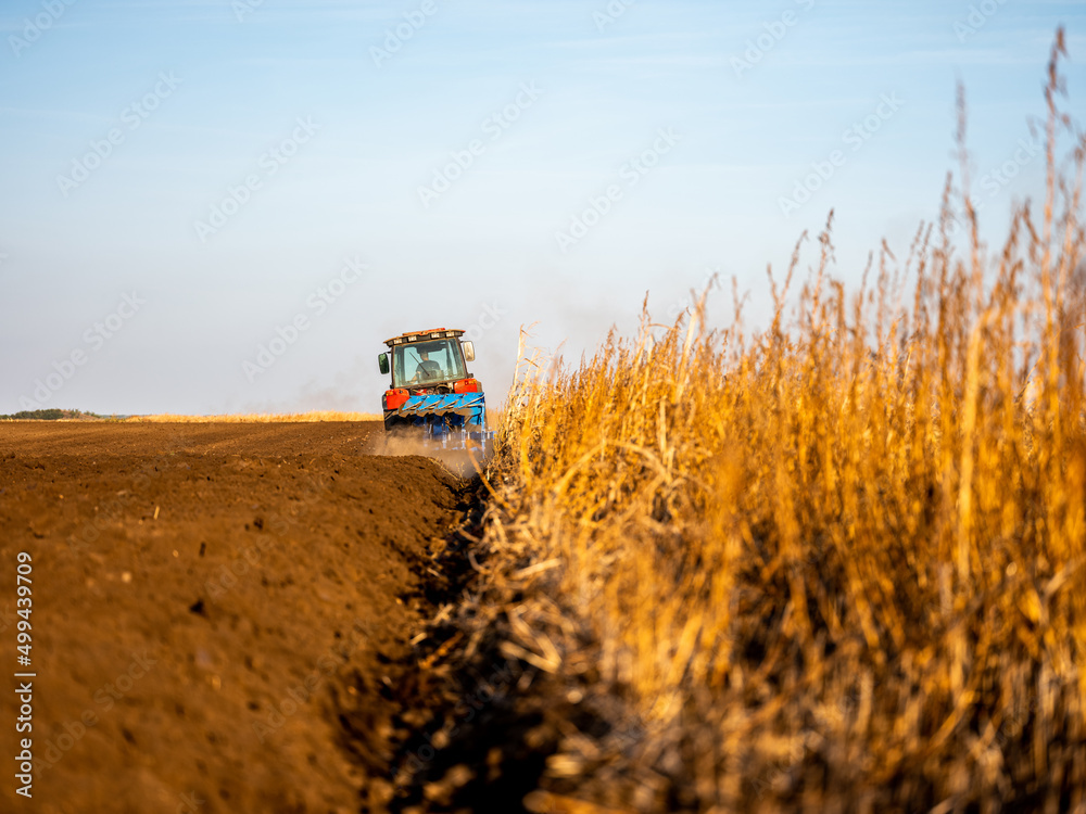 Farmer in tractor plowing preparing stubble field cultivating for seeding crops.