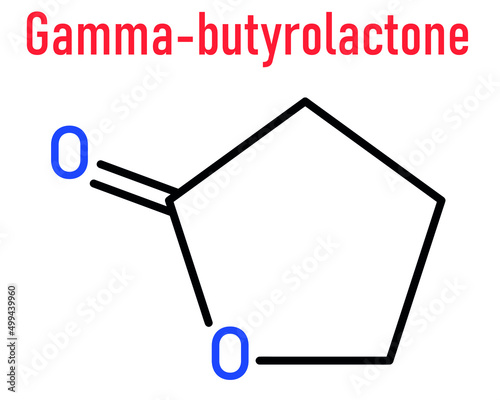 Gamma-butyrolactone (GBL) solvent molecule. Used as prodrug form of GHB (gamma-hydroxybutyric acid). Skeletal formula. photo