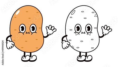 Cute funny potato waving hand character outline cartoon illustration for coloring book. Vector hand drawn traditional cartoon vintage, retro, potato character. Isolated on white background
