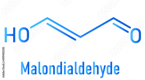 Malondialdehyde or MDA, enol form, molecule. Marker of oxidative stress and naturally produced during the lipid peroxidation of polyunsaturated fatty acids, skeletal chemical formula. photo