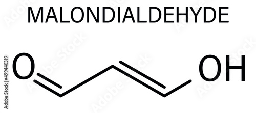 Malondialdehyde or MDA, enol form, molecule. Marker of oxidative stress and naturally produced during the lipid peroxidation of polyunsaturated fatty acids, skeletal chemical formula.