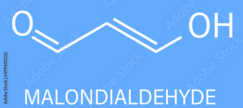 Malondialdehyde or MDA, enol form, molecule. Marker of oxidative stress and naturally produced during the lipid peroxidation of polyunsaturated fatty acids, skeletal chemical formula.