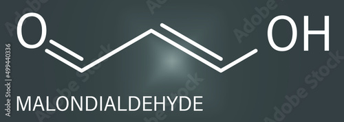 Malondialdehyde or MDA, enol form, molecule. Marker of oxidative stress and naturally produced during the lipid peroxidation of polyunsaturated fatty acids, skeletal chemical formula.