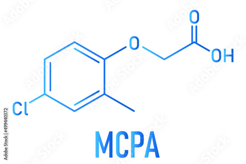 MCPA , 2-methyl-4-chlorophenoxyacetic acid herbicide molecule. Skeletal formula.