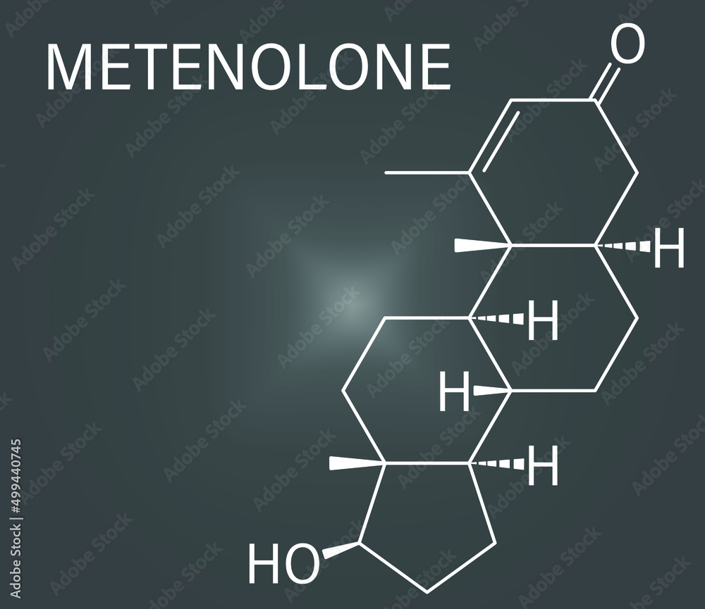 Metenolone anabolic steroid molecule. Used (banned) in sports doping. Skeletal formula.
