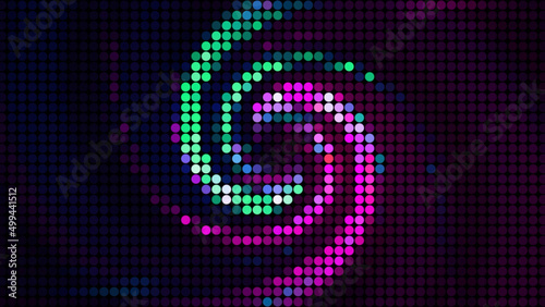 Colorful spiral rotating mosaic. Motion. Beautiful retro image of colorful galaxy rotating in space. Holographic image of rotating multi-colored spiral of pixels