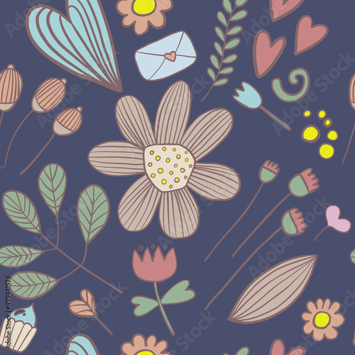 Seamless floral pattern with cute doodle elements. Hand painted vector background