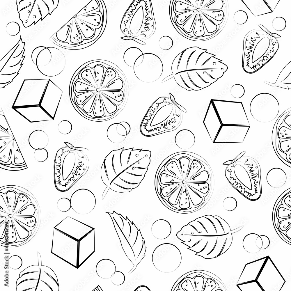 Seamless pattern with strawberry, lemon and mint. Summer vector illustration. Ingredients with strawberries mojito.