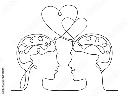 Vector concept love, hearts in the heads . Man and women love each other. One continuous line drawing