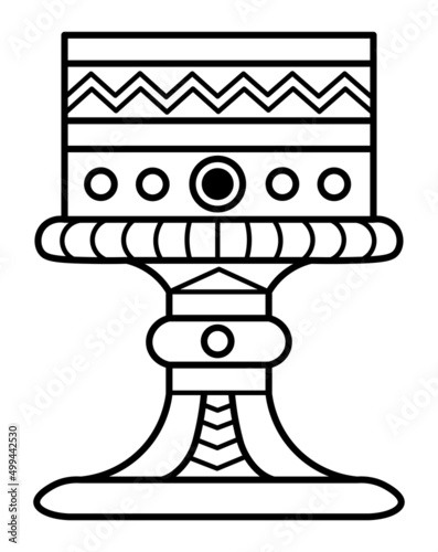Outined vector drawing of ornamented fantasy goblet with wide rectangular bowl and chevron pattern on rim. Medieval styled cup. Graphic illustration for logo, card, poster, banner.