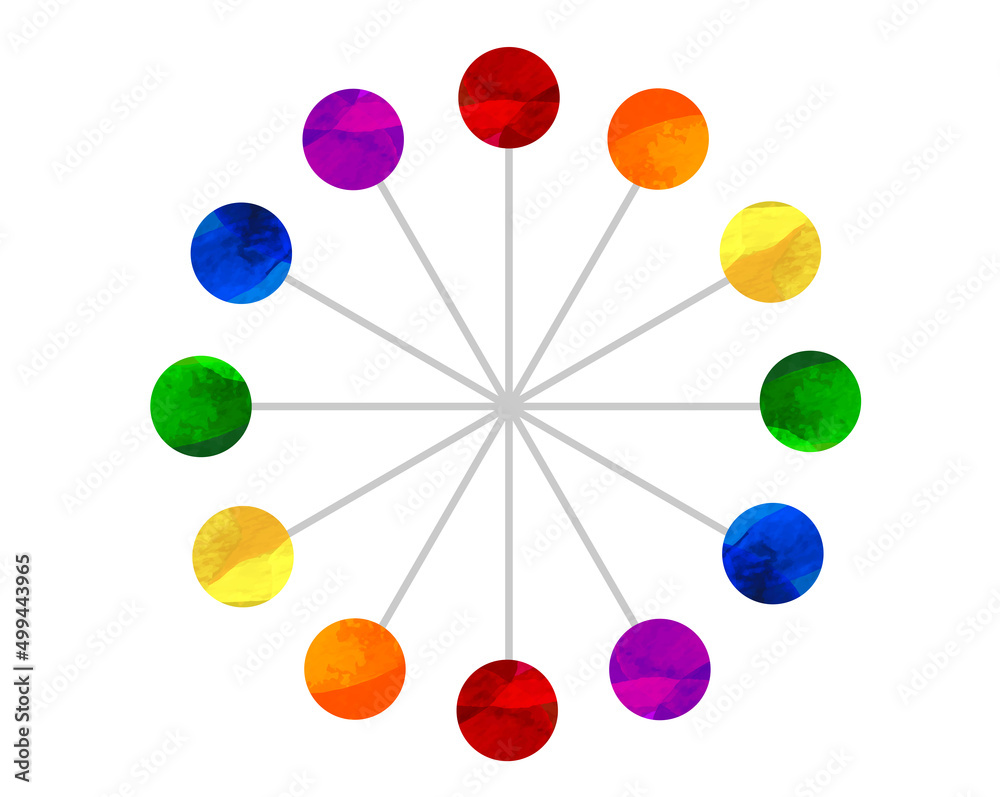 Illustration of a circular clock version with 6 rainbow-colored dots _ background material