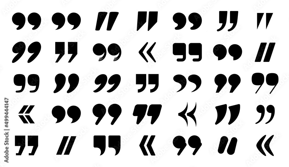 Quotation mark icons various designs, double commas and guillemets. Quote square and round punctuation signs for speech citation vector set - obrazy, fototapety, plakaty 