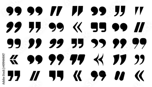 Quotation mark icons various designs, double commas and guillemets. Quote square and round punctuation signs for speech citation vector set