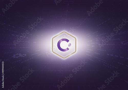 C Sharp sign and program code on purple background. c# programming concept. Coding language, Software development. Learning C Sharp, training, computer courses, Web banner. Vector illustration.