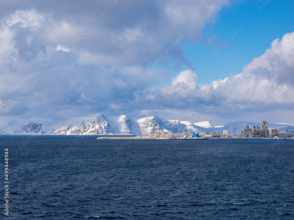 Enormous LNG (liquefied natural gas) site on Melkøya island, Hammerfest, the northernmost town in the world, Troms og Finnmark, Norway.
