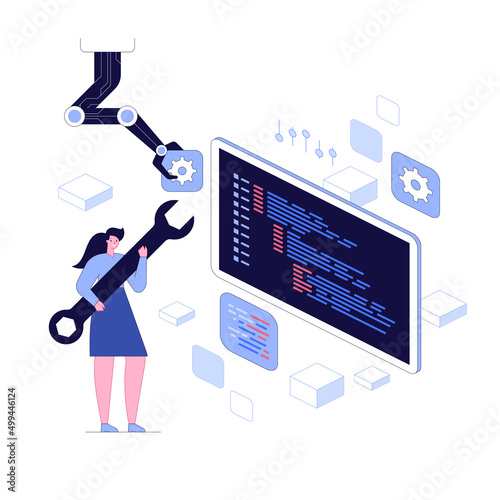 Web development, programmer engineering and coding website on augmented reality interface screens. Developer project engineer programming software or application design. Flat vector illustration