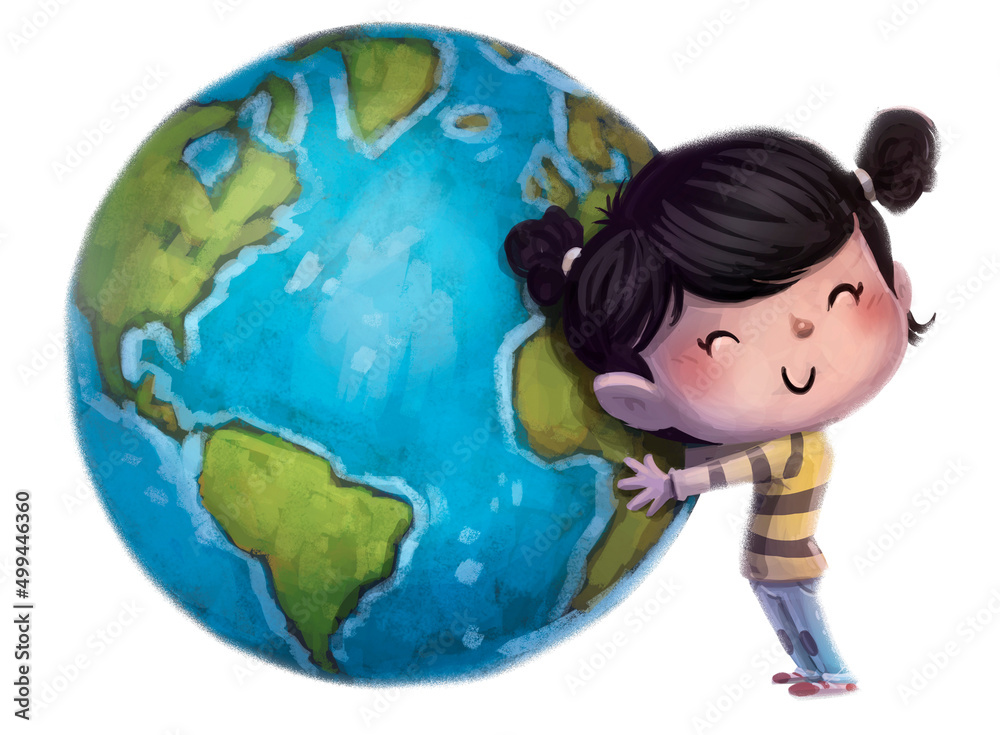 Illustration of a little girl hugging the planet earth Illustration of a little girl hugging the planet earth