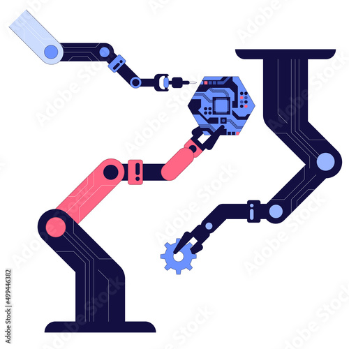 High tech factory engineer use computer for programming microchips and processors Developing modern technology for medical and high precision electronics Industrial concept Vector illustration