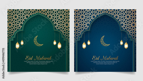 Eid Mubarak Islamic Arabic Luxury Background Greeting Card Template with Pattern and Lanterns