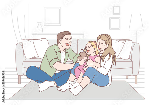 A lovely family happily playing with each other in the living room at home on white background.illustration