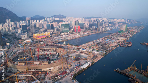 Kai Tak old airport in aerial view, the old airport area in Hong Kong and rebuild as the residential area in East Kowloon development plan photo
