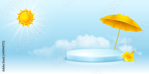 Light blue summer background, 3d product podium with a yellow beach umbrella and hibiscus flower under the sunbeams. Advertising banner template. Vector illustration.