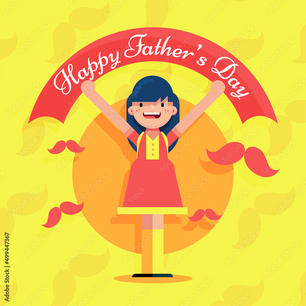 Happy Fathers Day june mustache background girl with placard banner post poster vector Happy Fathers Day june mustache background girl with placard banner post poster vector