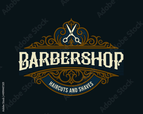 Barbershop vintage Luxury frame Logo Badge with flourish Victorian Ornament
