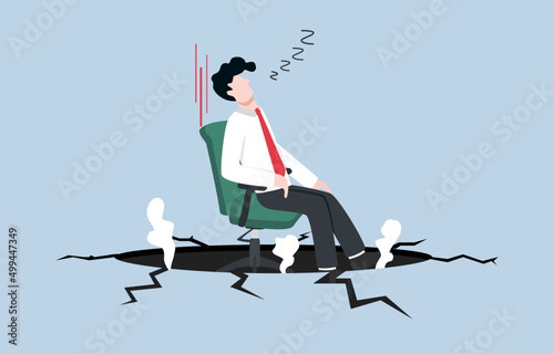 Work inefficiency, laziness employee in organization, procrastination, postpone tasks to do later, taking a nap during working hours concept, Businessman sleeping on office chair falling into hole. 