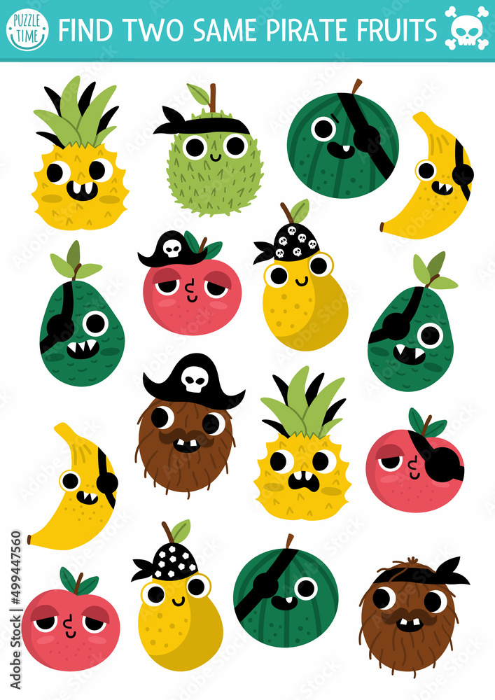 Obraz premium Find two same pirate fruits. Treasure island matching activity for children. Sea adventures educational quiz worksheet for kids for attention skills. Simple printable game with cute banana, apple.