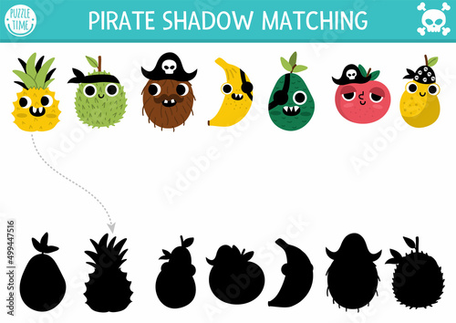 Pirate shadow matching activity. Treasure island hunt puzzle with cute fruit pirates. Find correct silhouette printable worksheet. Sea adventures page for kids with apple, banana.