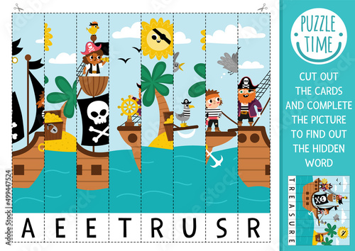 Vector pirate scrambled picture. Cut and glue activity with hidden word. Treasure island crafting game with cute marine scene with ship. Fun sea adventure printable worksheet for kids.