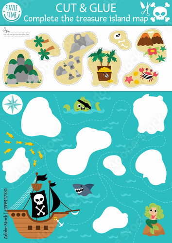 Vector pirate cut and glue activity. Crafting game with cute island map and sea landscape. Fun treasure hunt printable worksheet for children. Find the right piece of the puzzle. Complete the picture.