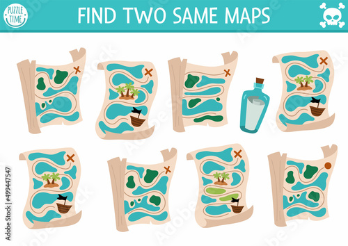 Find two same maps. Treasure island matching activity for children. Sea adventures educational quiz worksheet for kids for attention skills. Simple printable game with cute plans.