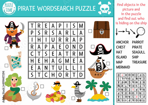 Vector pirate word search puzzle for kids. Simple treasure island word search quiz for children. Sea adventures educational activity with ship, parrot, map, chest. Treasure hunt cross word.