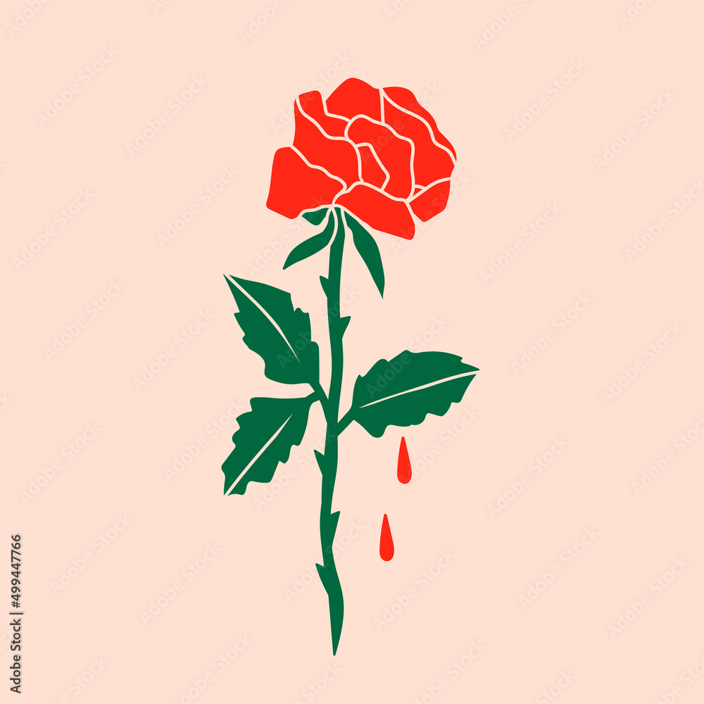Red rose with blood drops. Abstract modern elegant floral drawing. Hand drawn trendy Vector illustration. Perfect For your own decoration or design. Poster template, tattoo idea  - obrazy, fototapety, plakaty 