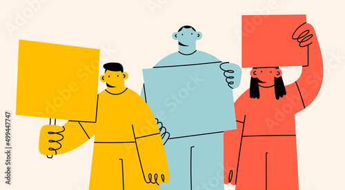Group of diverse people standing and holding blank empty Banners or Placards. Advertising, protest, demonstration, revolution, meeting concept. Cartoon characters. Hand drawn Vector illustration