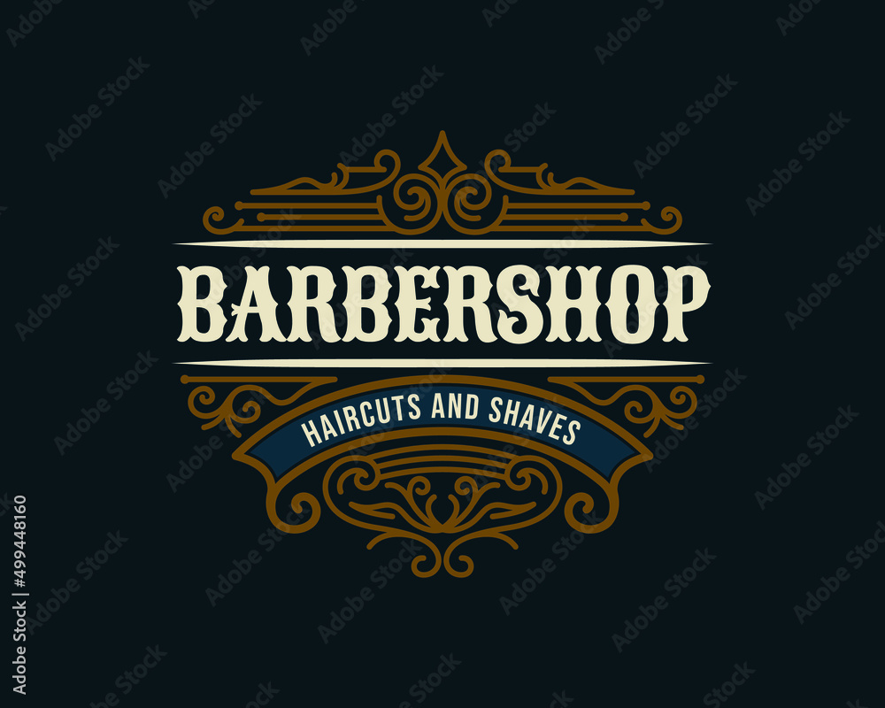 Barbershop vintage Luxury frame Logo Badge with flourish Victorian Ornament
