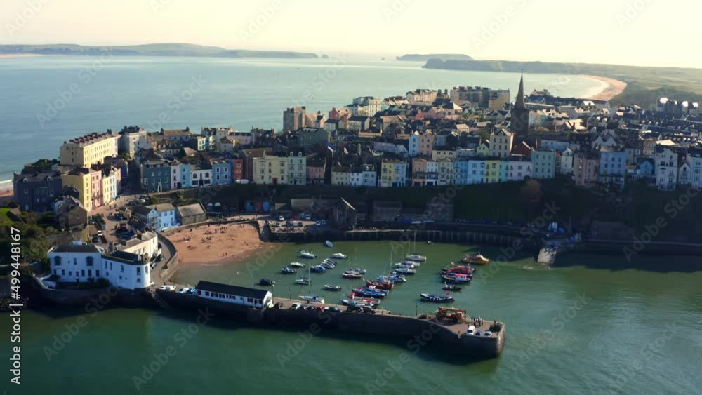 Aerial drone 4k footage of Tenby bay based in south wales uk, stunning sea landscape view from above