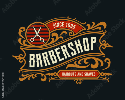 Barbershop vintage Luxury frame Logo Badge with flourish Victorian Ornament
