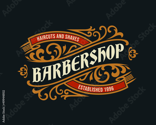 Barbershop vintage Luxury frame Logo Badge with flourish Victorian Ornament
