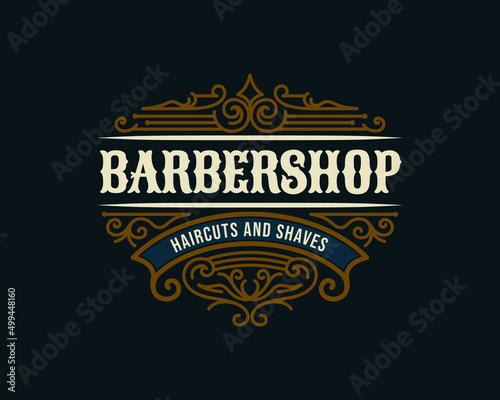Barbershop vintage Luxury frame Logo Badge with flourish Victorian Ornament
