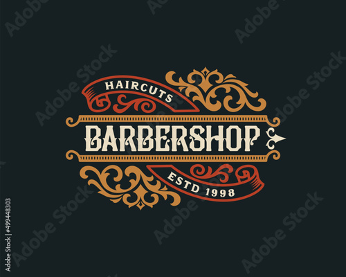 Barbershop vintage Luxury frame Logo Badge with flourish Victorian Ornament
