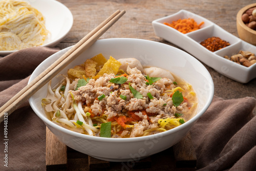 Tom Yum noodle soup ,Egg noodles with Minced Pork and meatball.popular hot and spicy soup in Thailand